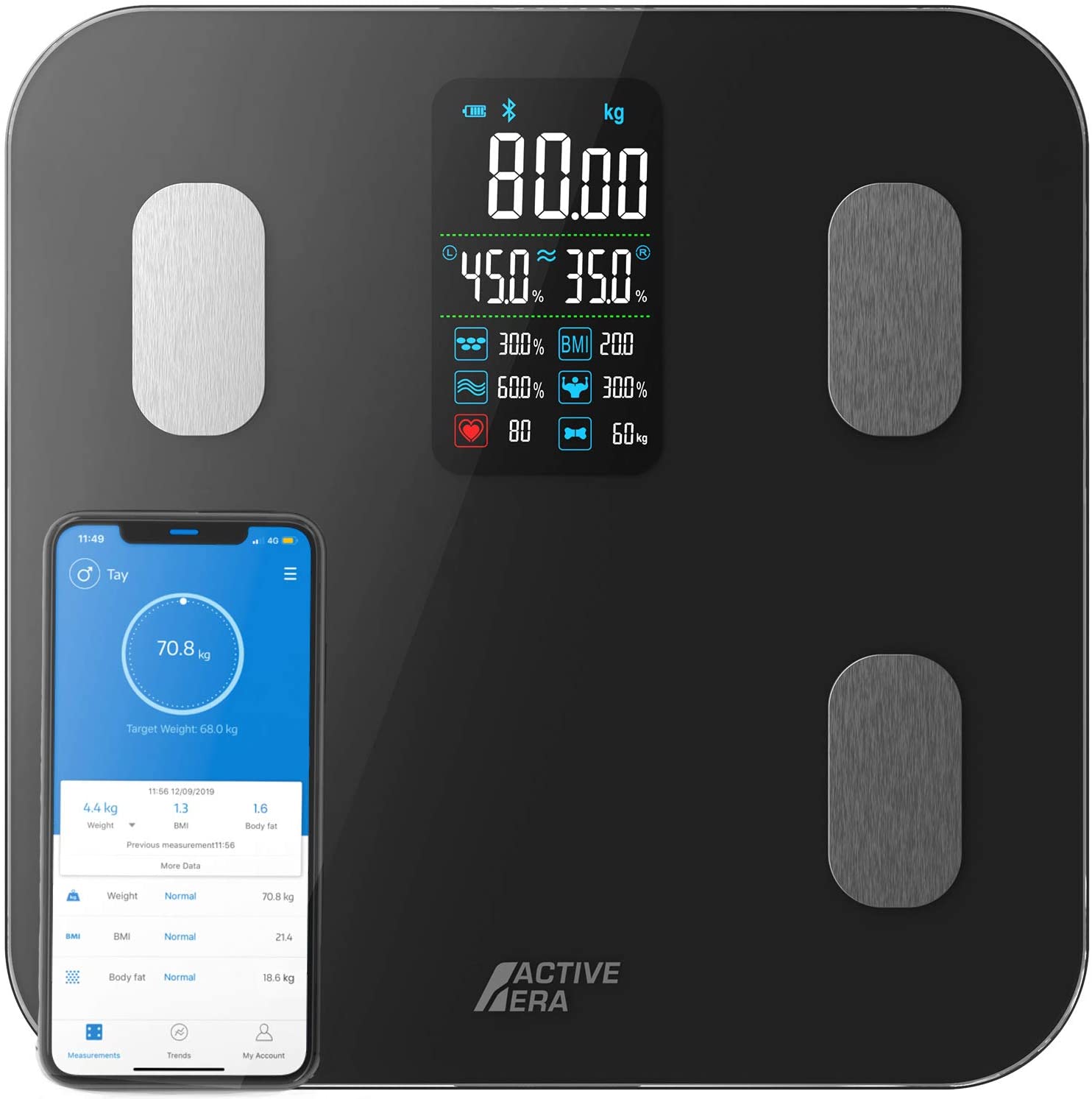 Active Era® Smart Bathroom Scales with Large LED Display - Bluetooth Digital Body Weight Scales with 16 Measurements, High Precision Body Weight, Body Mass Index (BMI), Free Smartphone App (Black)